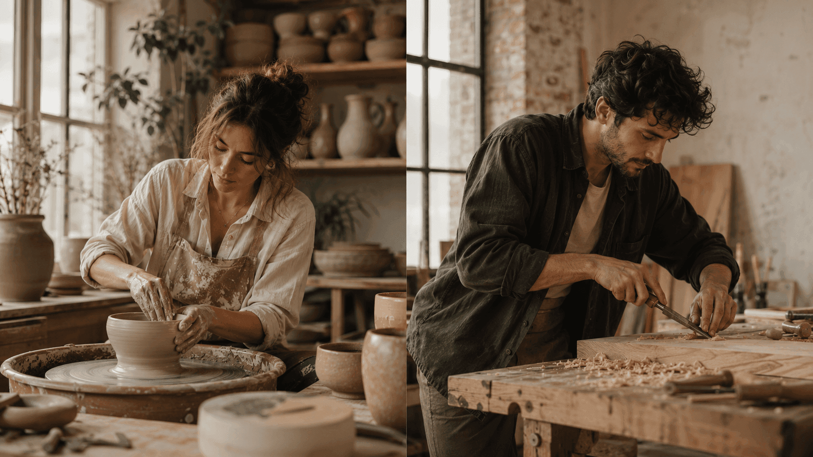 Artigiani al lavoro: ceramica al tornio e intaglio del legno